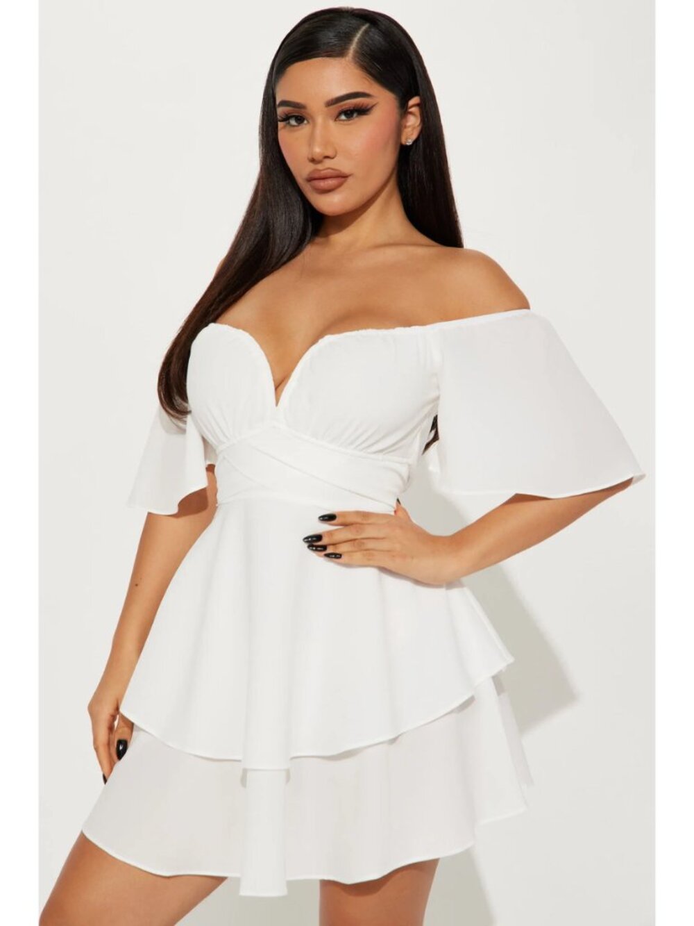 Fashion Nova - White Ruffle Mini Dress - Tie Waist - V-Neck - Large